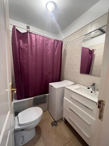 La Playa CaleraValle Gran Rey- La Playa的浴室设有卫生间、水槽和紫色的淋浴帘