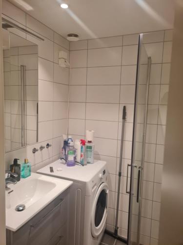 奥斯陆Privat room in shared 3 rooms apartment Manglerud的一间带洗衣机和水槽的浴室