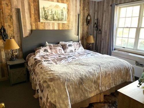 汉考克Gorgeous 1st FL Mtn View Jiminy Suite Sleeps 4 Ski On Off的一间卧室设有一张大床和一个窗户。