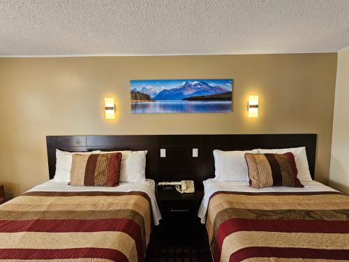 纳帕尼福克斯汽车旅馆的酒店客房设有两张床,墙上挂有绘画作品