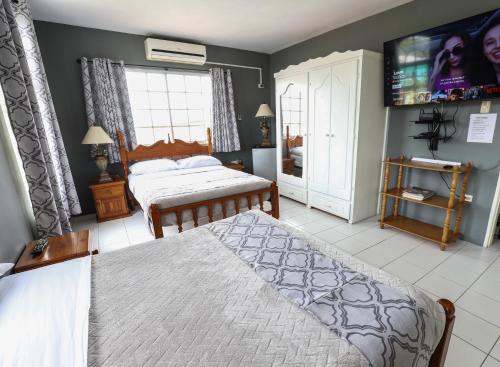 Piarco机场住宿加早餐旅馆的一间卧室配有两张床和一台平面电视