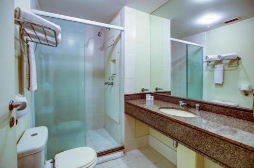 圣保罗Suite Congonhas - FLAT Aeroporto Congonhas的带淋浴、卫生间和盥洗盆的浴室