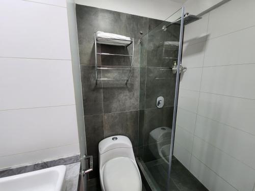 利马Departamento en barranco 2的一间带卫生间和玻璃淋浴间的浴室