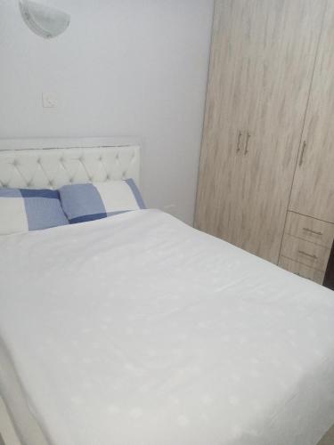 ThikaCarlyle comfort home的卧室内的白色床和蓝色枕头