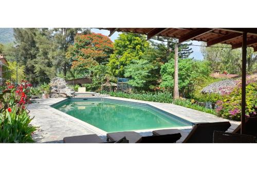 查帕拉Capital O Posada Del Pescador的庭院内的游泳池,带椅子和鲜花