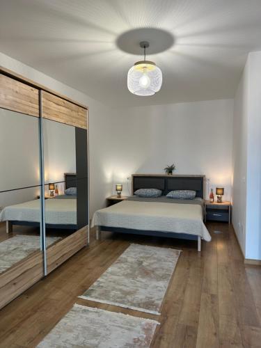 克拉约瓦Regim hotelier - AP2camCentral的一间卧室配有一张床和一个吊灯