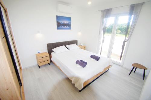 斯桑Villa with private pool in village Šišan的卧室设有白色的床和大窗户