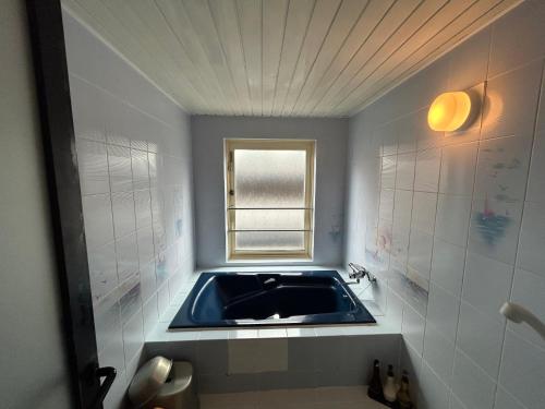 京都Hotel Sunday Brunch (Adult Only)的一间带蓝色水槽和窗户的浴室