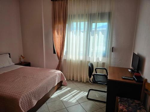 特里卡拉Pallantza Estate Trikala的配有一张床、一张书桌和一扇窗户的酒店客房