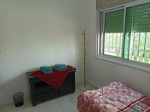 杰里科BnB La Luna Entire Apartment的一间卧室配有一张床、一张桌子和一个窗户。