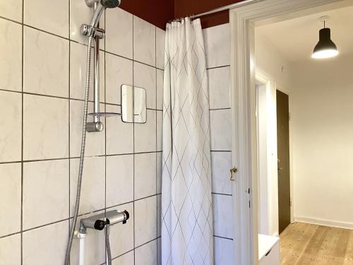 欧登塞One Bedroom Apartment In Odense, Middelfartvej 259的带淋浴和浴帘的浴室