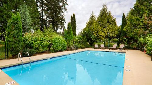 邓肯考伊琴山谷贝斯特韦斯特酒店 的庭院内的游泳池,带椅子和树木