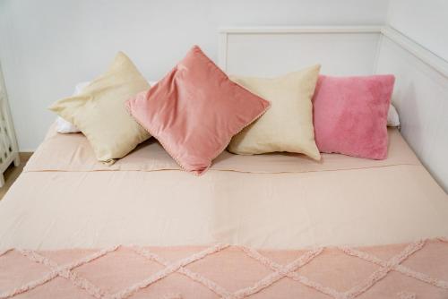 代森扎诺-德尔加达Suite "Castello" del Garda - APT per coppie Garda的一组枕头坐在床上