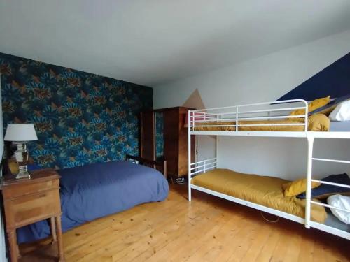 隆勒索涅Maison centre-ville calme avec jardin的一间卧室配有两张双层床和一张床