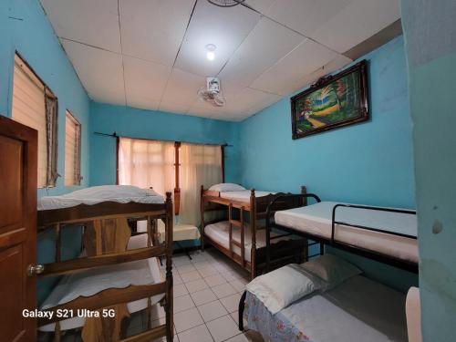 南圣胡安Hostel Rossy的客房设有三张双层床和蓝色的墙壁。