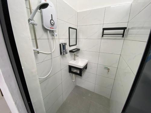 PagohPagoh Town Homestay的白色的浴室设有水槽和淋浴。