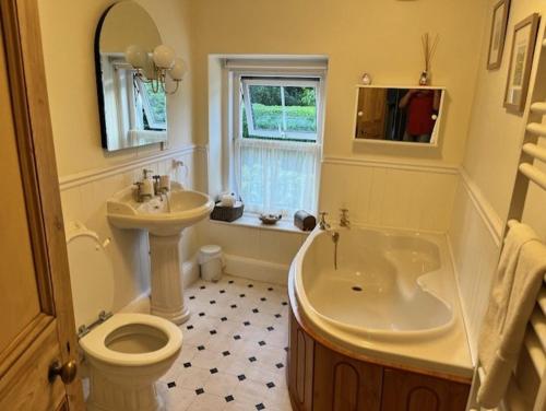 波马利斯Amelie Cottage的浴室配有卫生间、浴缸和水槽。