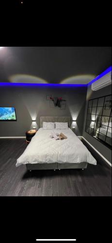 海法Jentelmen rooms的卧室配有一张白色大床和电视。