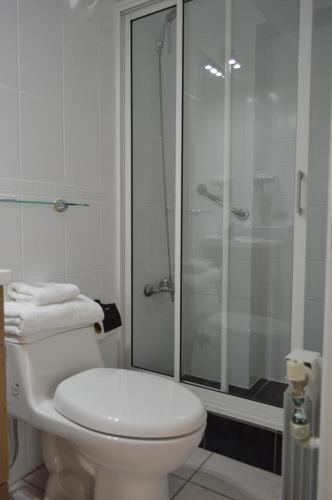 奇廉Hotel Rukalaf的带淋浴和卫生间的白色浴室