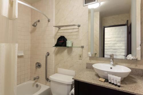 蒙特雷蒙特雷红狮酒店的浴室配有盥洗盆、卫生间和浴缸。