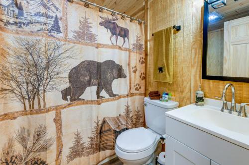 科斯比Rustic Cosby Cabin with Furnished Deck and Yard!的一间带卫生间和淋浴帘的浴室
