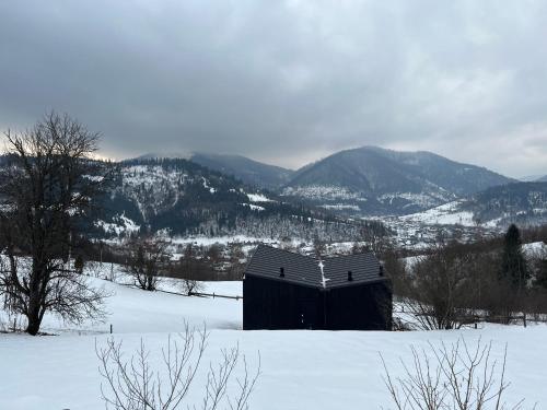 TukhlyaCloudBase的一座雪中古老的谷仓,背景是群山