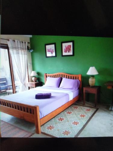 清刊เชียงคานบุรี的一间卧室设有一张大床和绿色的墙壁