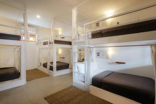 乌布普瑞花园酒店的一间卧室配有两张双层床。