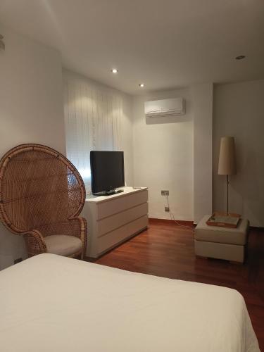 阿瓜杜尔塞Habitación con vistas的一间卧室配有一张床、一台电视和椅子