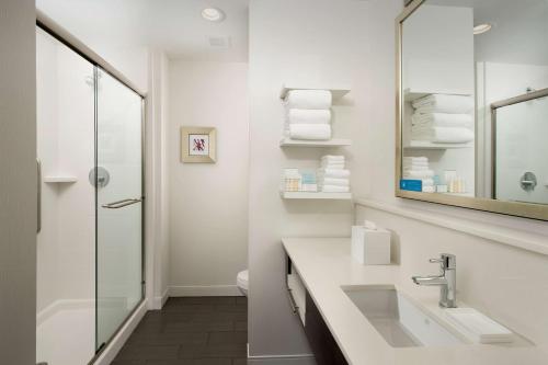 亨茨维尔阿拉巴马州普罗维登斯村亨茨维尔汉普顿酒店的白色的浴室设有水槽和淋浴。