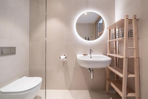 塔林Unique Kalaranna District Apartment by the Sea的一间带卫生间、水槽和镜子的浴室