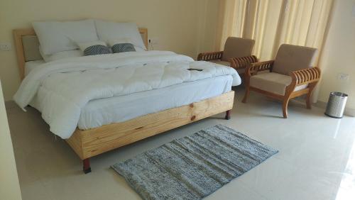 PhataHotel Anandam phata的一间卧室配有床、两把椅子和地毯