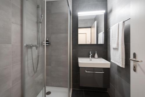 因特拉肯Studio VICTORIA Interlaken的一间带水槽和淋浴的浴室