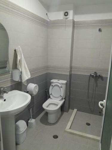 波格拉德茨Hotel Unik的浴室配有卫生间、盥洗盆和淋浴。