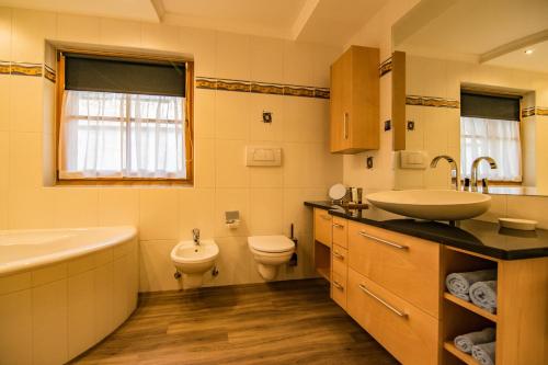 奥蒂塞伊Alpinchalet Apartment Enzian的一间带水槽、浴缸和卫生间的浴室