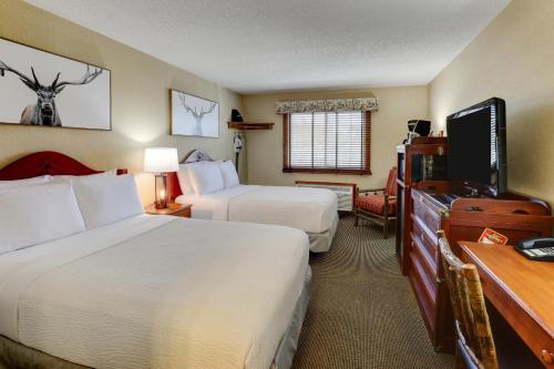 加利纳Stoney Creek lnn Galena的酒店客房设有两张床和一台平面电视。