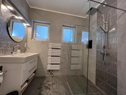 PressbaumHaus Bartberg的带淋浴、盥洗盆和镜子的浴室
