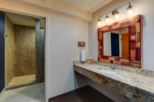 皮奥里亚Stoney Creek Hotel Peoria的一间带水槽、镜子和淋浴的浴室