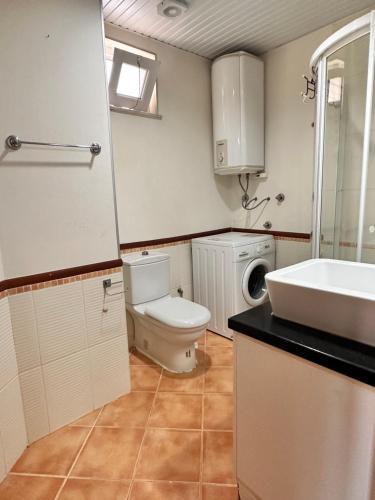 安塔利亚Magic mountain villas的浴室配有卫生间、盥洗盆和洗衣机。