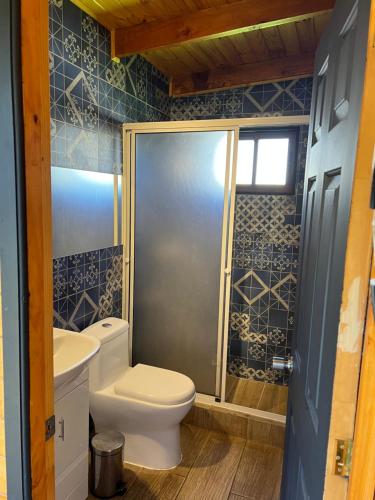 库雷尼佩Cabañas Luz de Luna, Playa Curanipe的浴室设有卫生间和蓝色瓷砖淋浴。