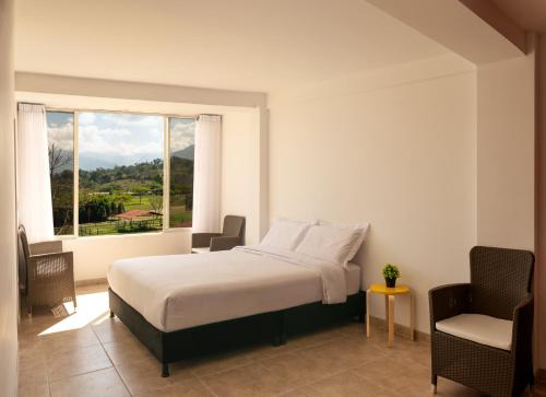富萨加苏加Apartamento Campestre en Condominio的一间卧室设有一张床、一个窗口和一把椅子