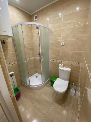 乌曼岛Хостел Мрія的带淋浴和卫生间的浴室。