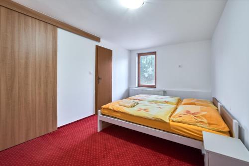 日恰尼Apartmány Kateřina的一间卧室配有一张床,铺有红色地毯