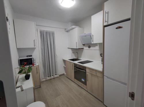卡拉塔尤德apartamento con jacuzzi, El Rincón de Ayud的小厨房配有白色橱柜和冰箱。