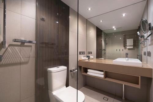 达尔文Hilton Garden Inn Darwin的一间带卫生间、水槽和镜子的浴室