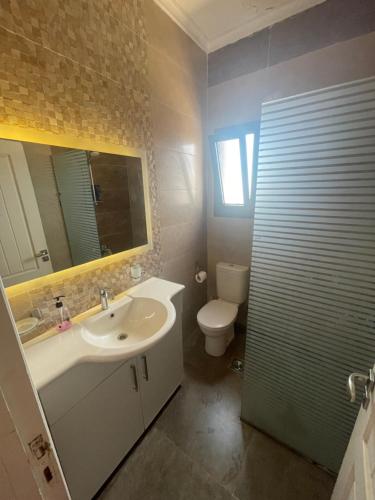 拉斯苏德尔Lahacienda Two bedroom chalet with roof的一间带水槽、卫生间和镜子的浴室