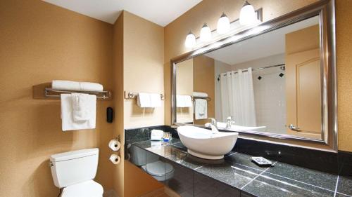 镭温泉Prestige Radium Hot Springs Resort, WorldHotels Crafted的一间带水槽、卫生间和镜子的浴室
