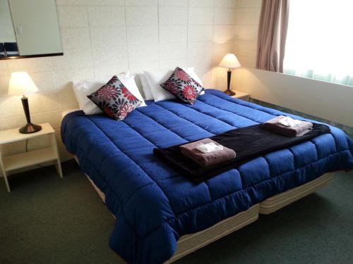 旺阿雷塞拉汽车旅馆的一张大蓝色的床,位于带两盏灯的房间