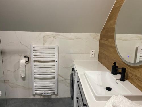 斯扎瓦诺泽德霍Apartamenty przy Parku Szwedzkim的白色的浴室设有水槽和镜子