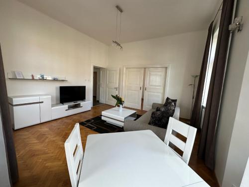 卡罗维发利唯高夫公寓的客厅配有白色桌子和沙发